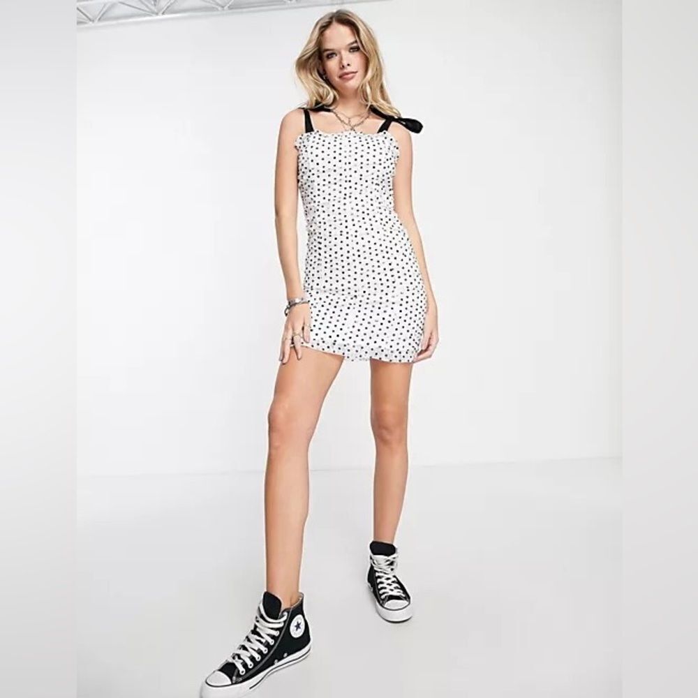 Topshop ruched lace polka dot mini dress in mono